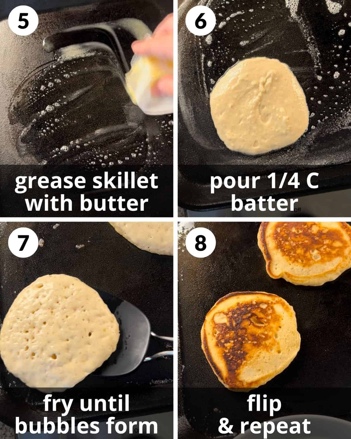A 4 photo collage showing the final steps for buttermilk pancakes. 