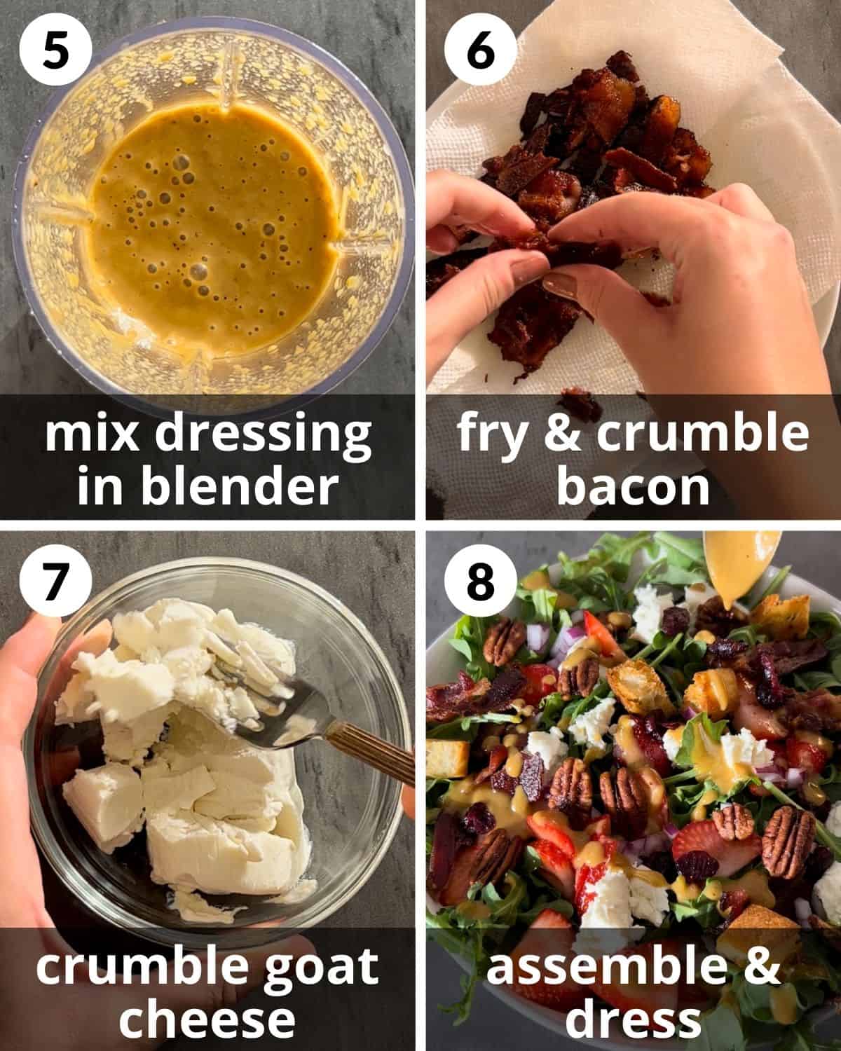 A 4 photo collage showing how to make the balsamic dressing.