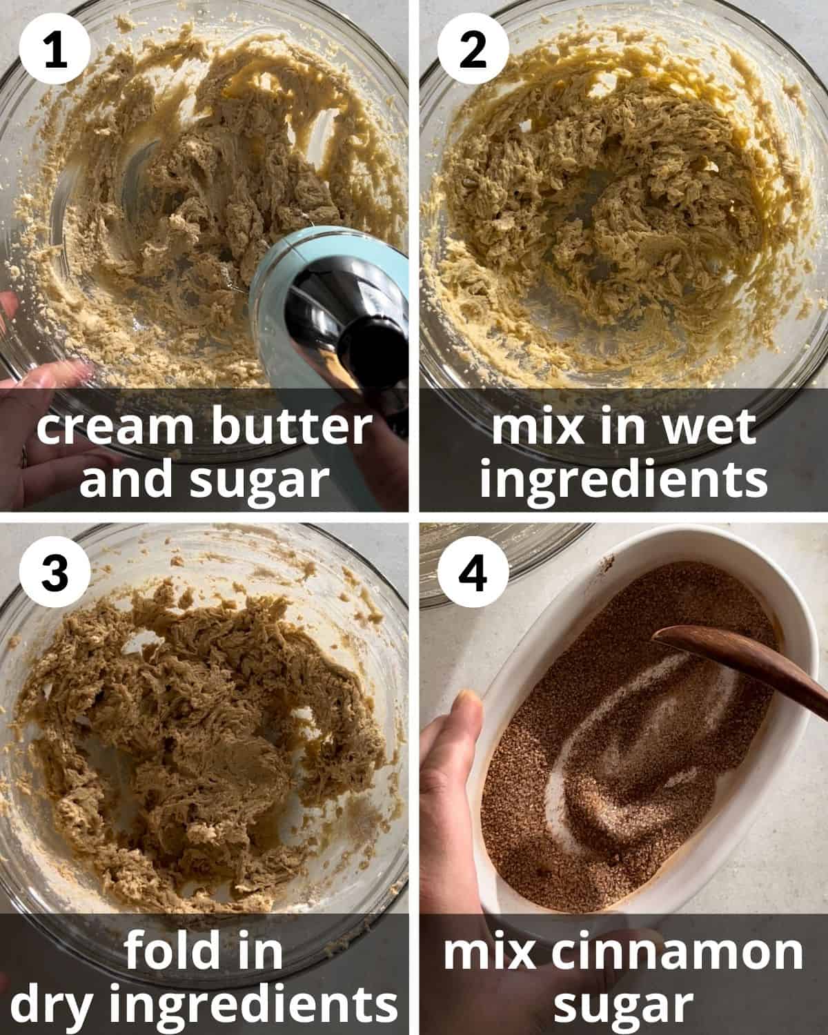 A 4 photo collage showing how to make the snickerdoodle dough. 