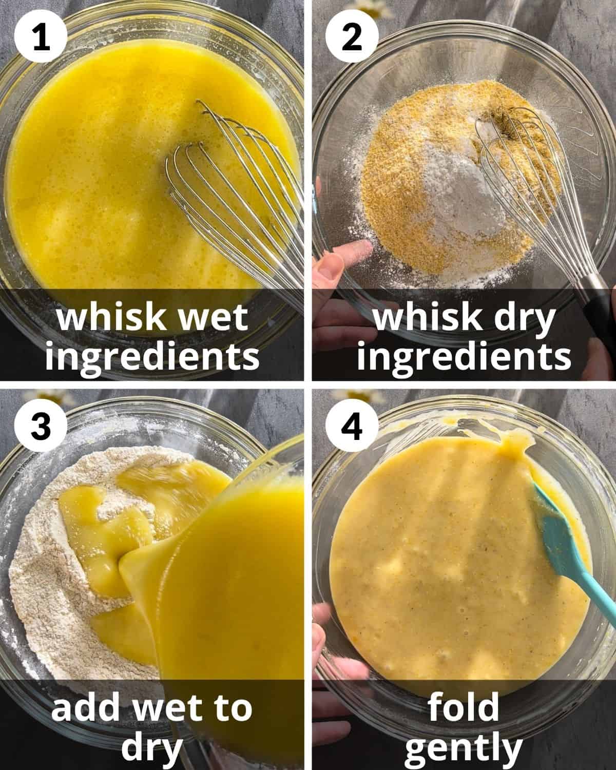 A 4 photo collage showing how to prepare the wet and dry ingredients and combine.