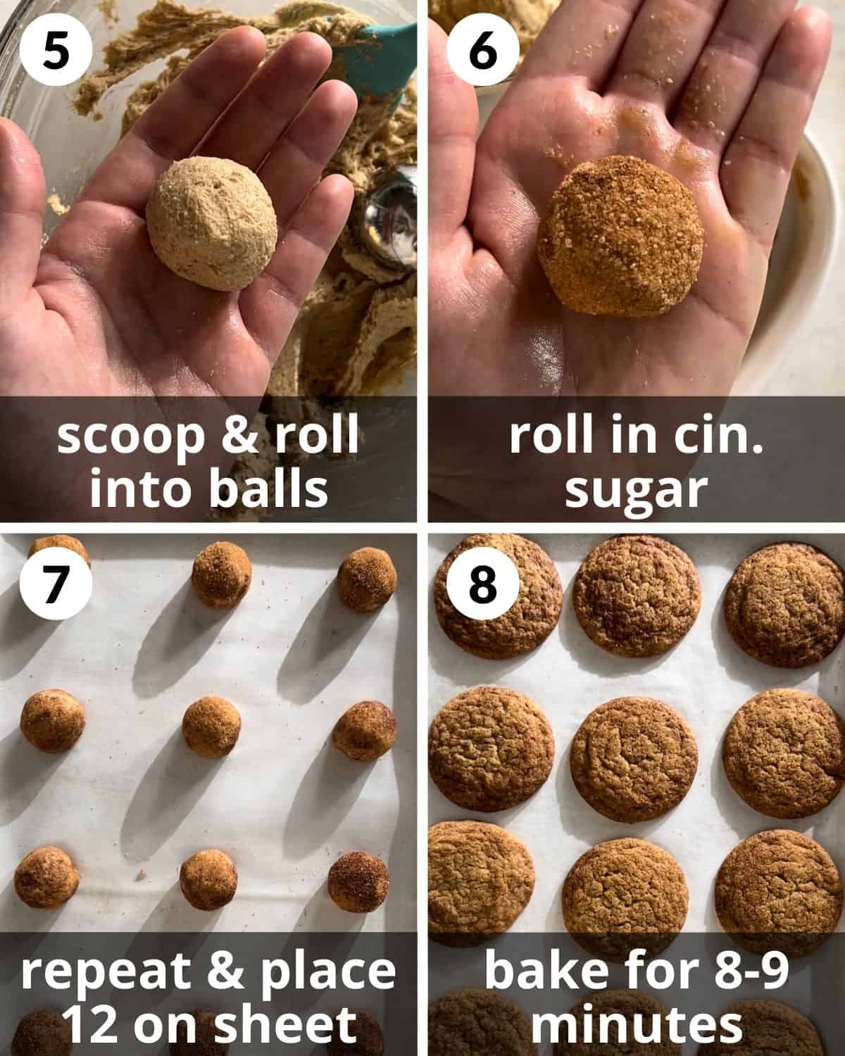 A 4 photo collage showing rolling the snickerdoodles and baking them. 