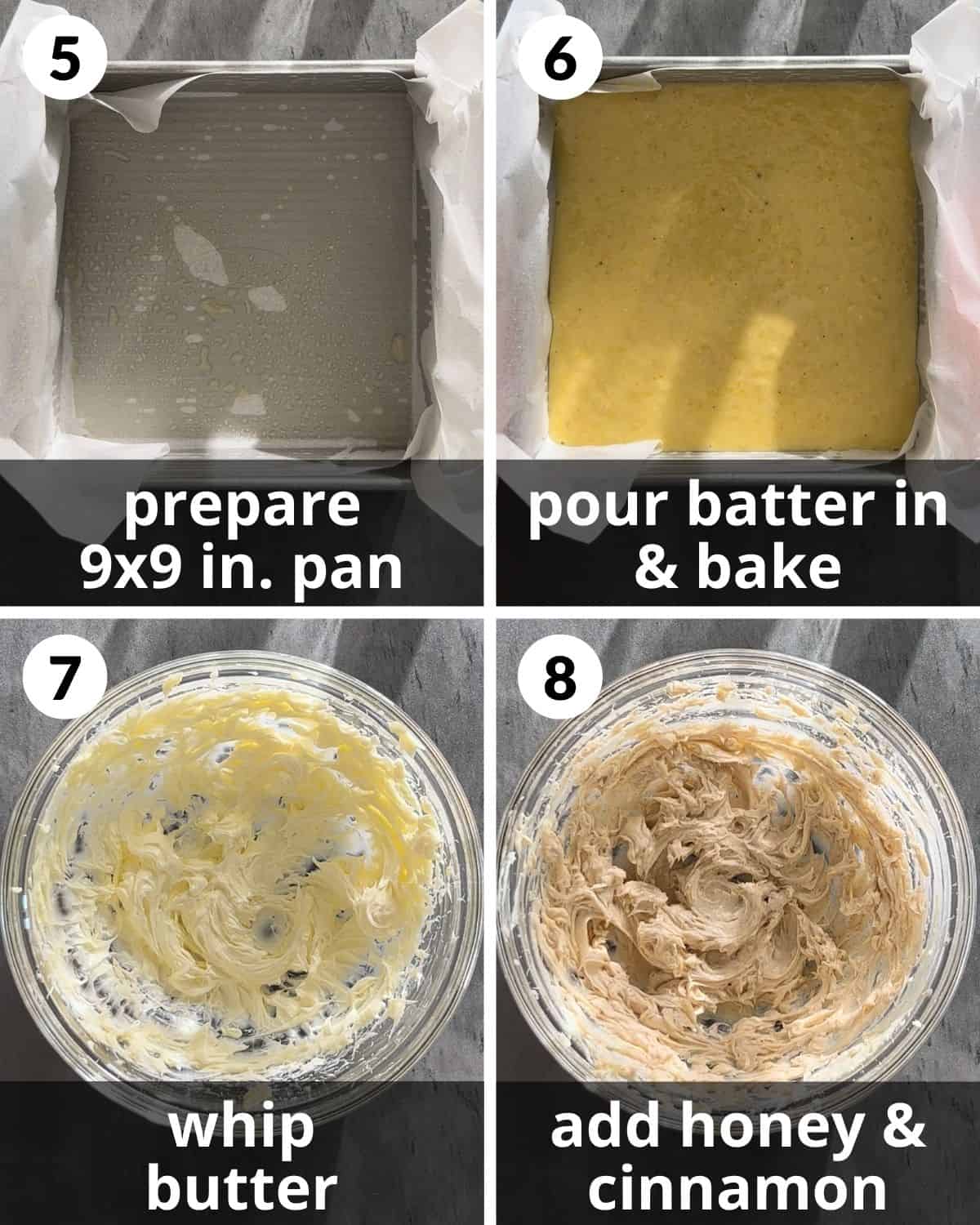 A 4 photo collage showing how to prepare the pan and make honey butter.