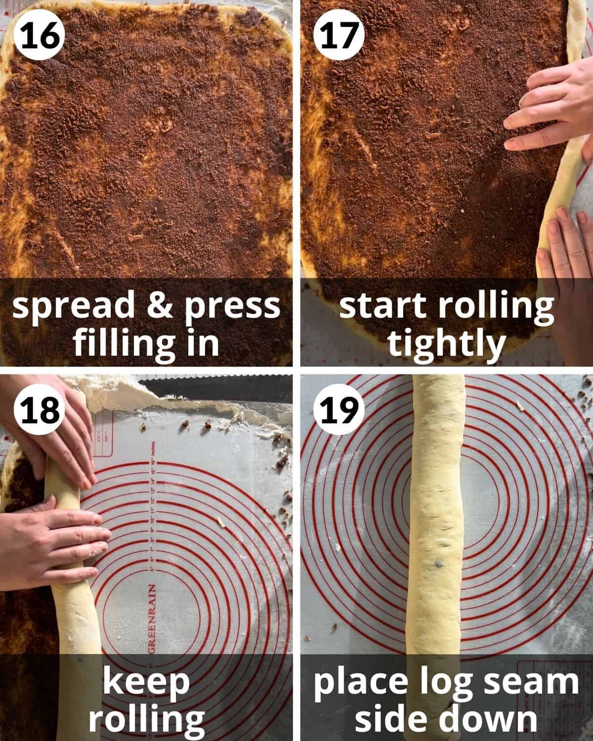 A 4 photo collage showing how to roll the log of cinnamon rolls. 