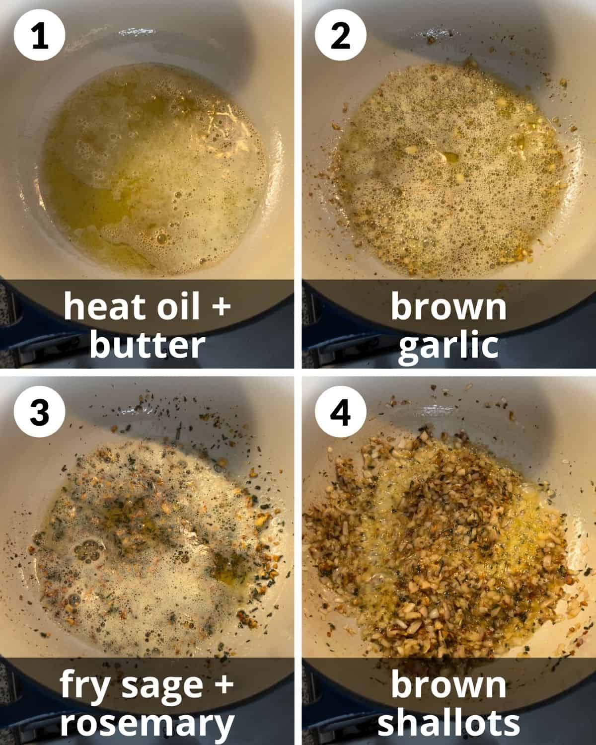 A 4 photo collage showing how to brown garlic and shallot.