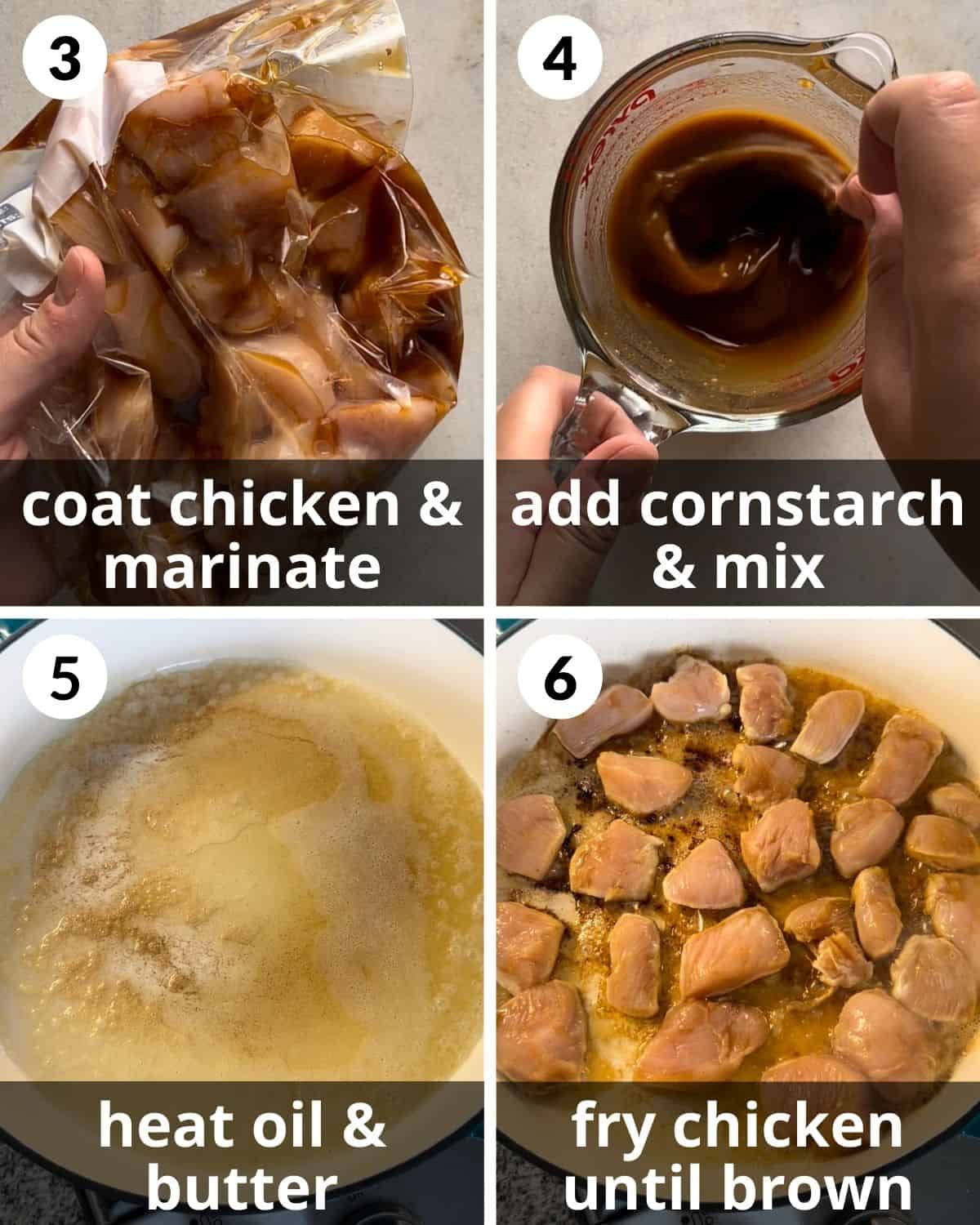 A 4 photo collage showing adding the cornstarch and frying the diced chicken.