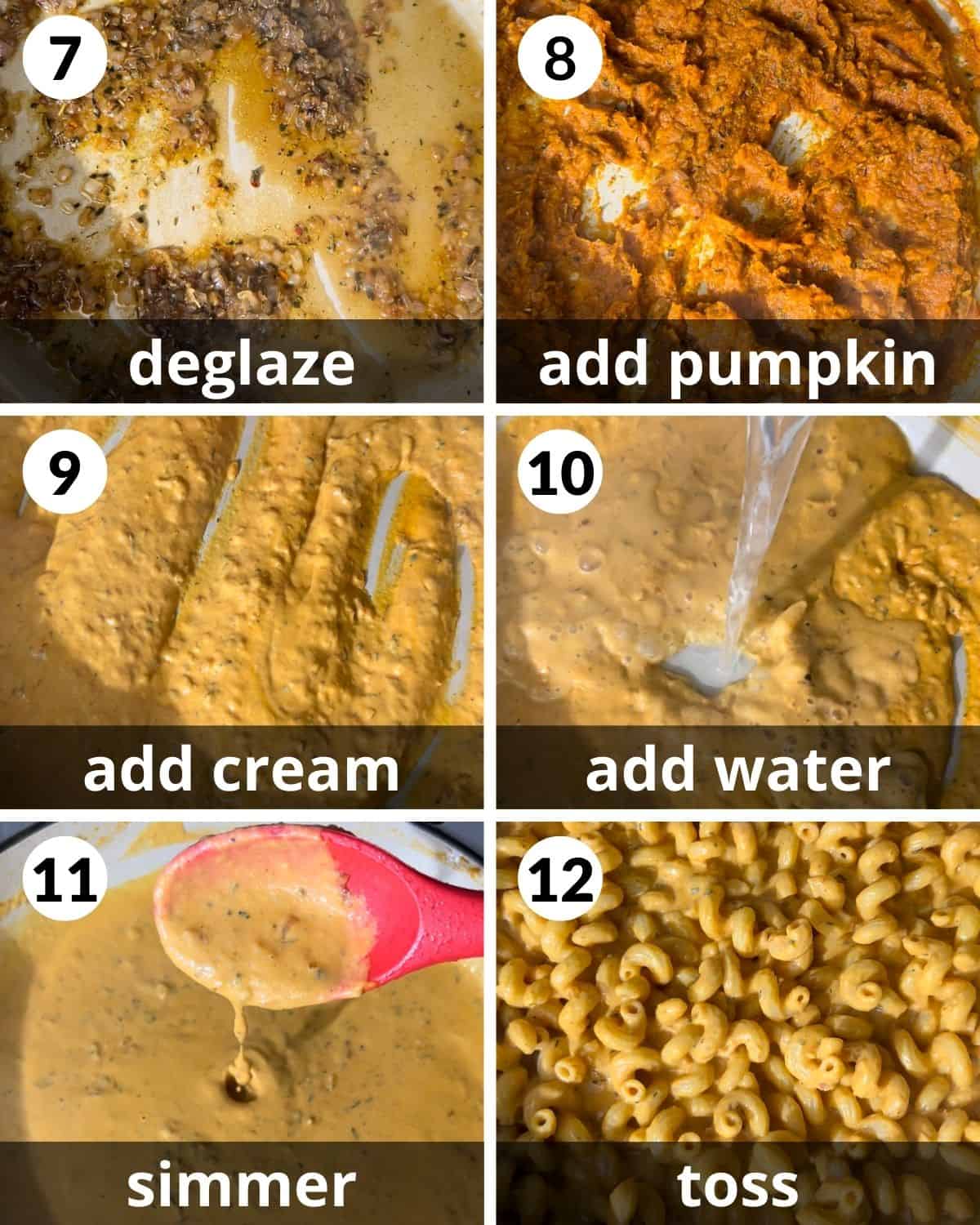 A 6 photo collage showing how to add pumpkin, cream, and pasta water. 