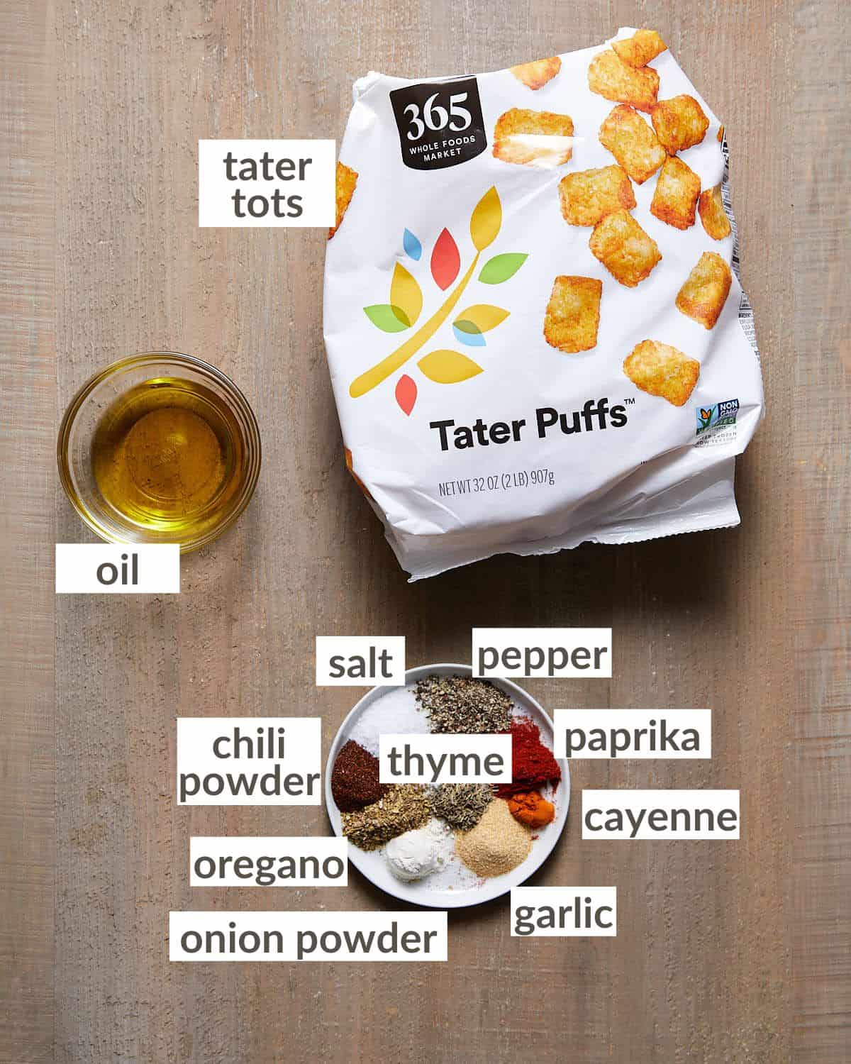 Ingredients needed to make seasoned tater tots in the oven. 