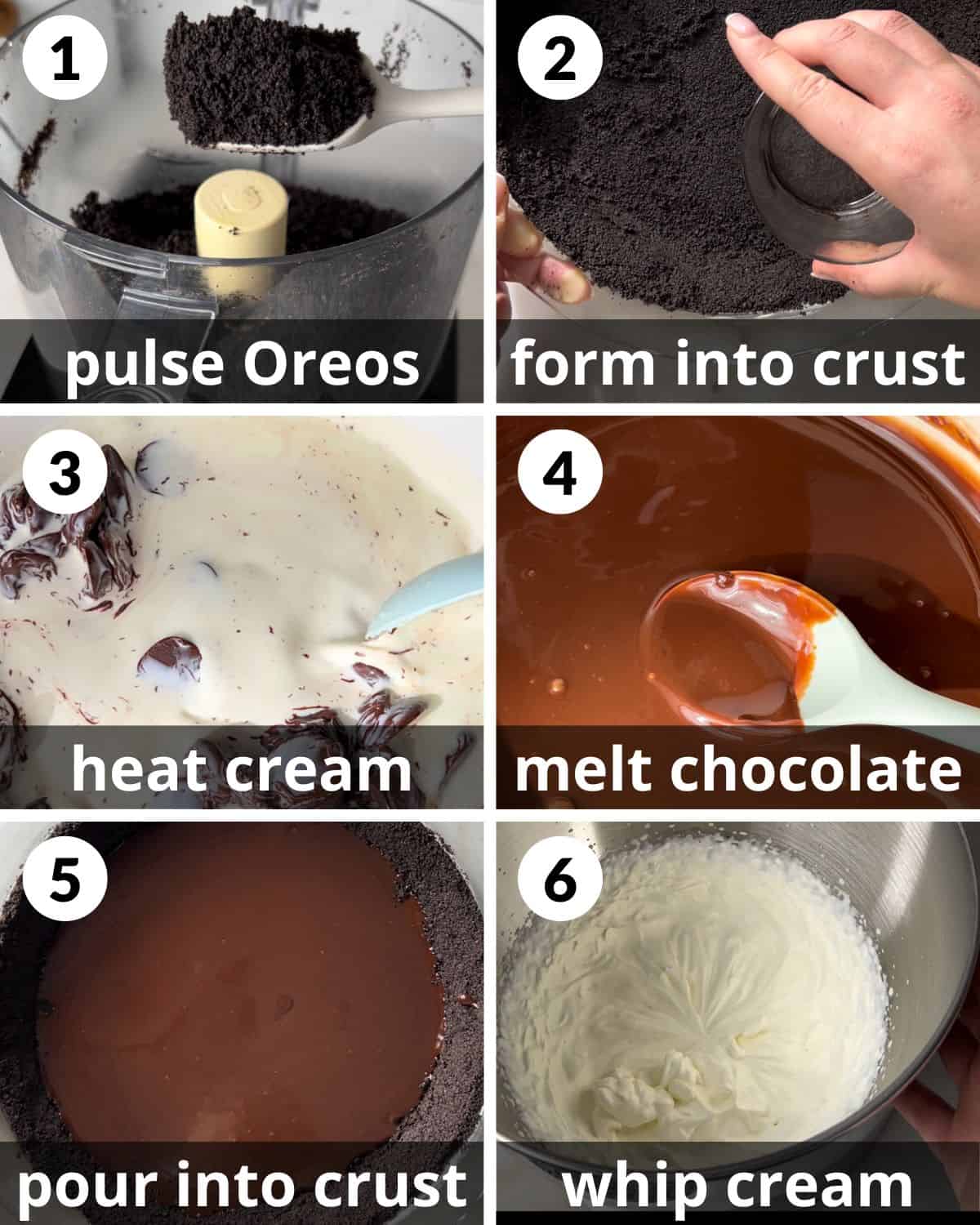 A 6 photo collage showing the assembly of oreo cheesecake pie.