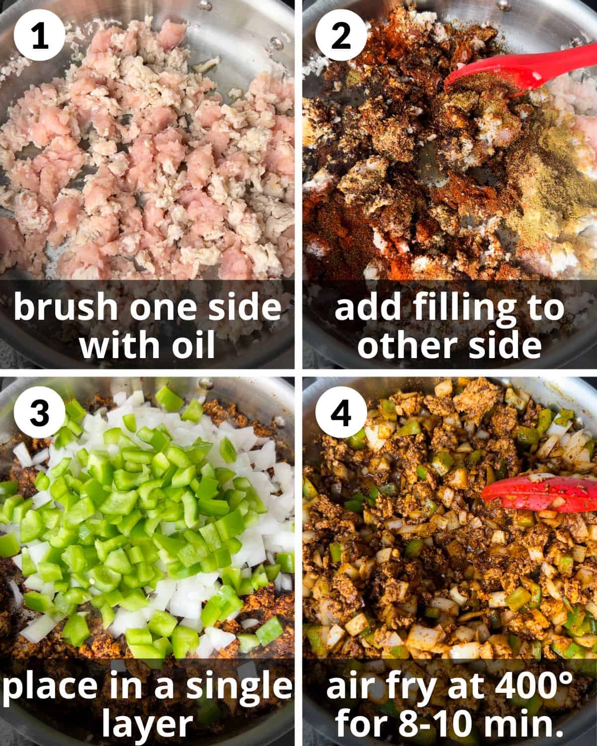 A 4 photo collage showing how to assemble no bean turkey vegetable chili.