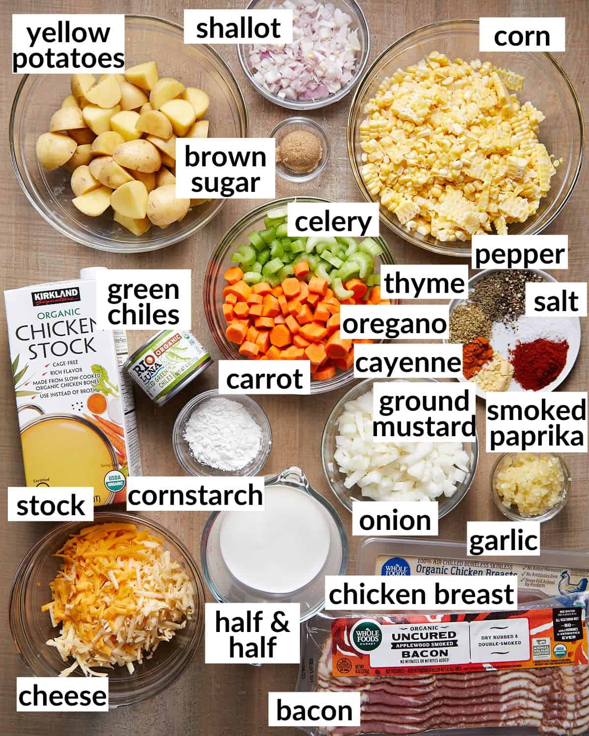 Photo of ingredients needed for slow cooker creamy chicken and corn soup.