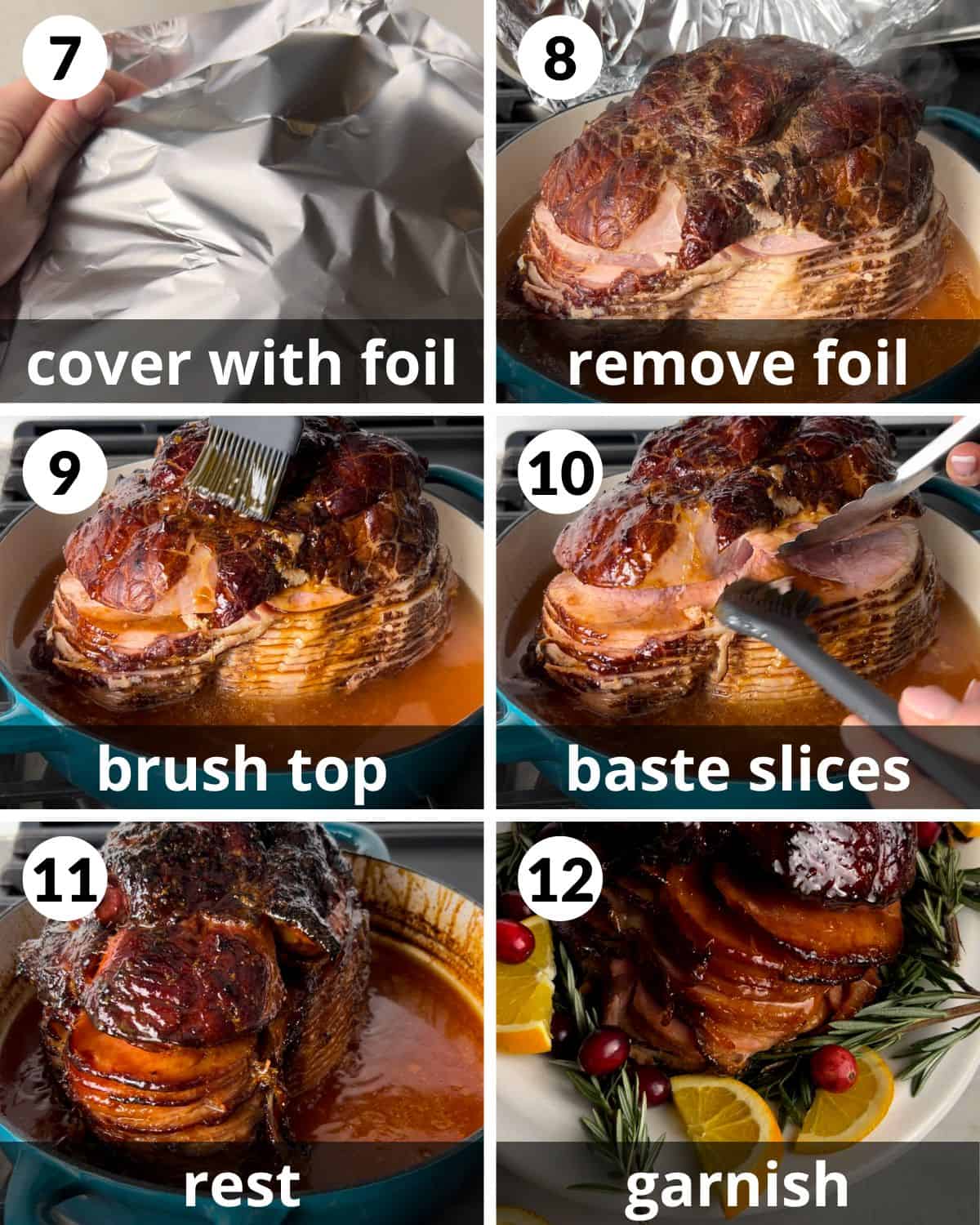 A 6 photo collage showing the final steps to cook spiral ham. 
