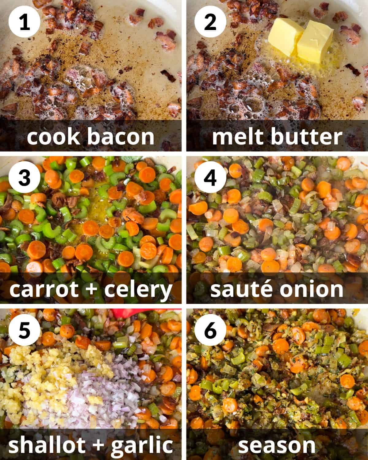 A 6 photo collage showing the assembly of chicken pot pie with puff pastry. 