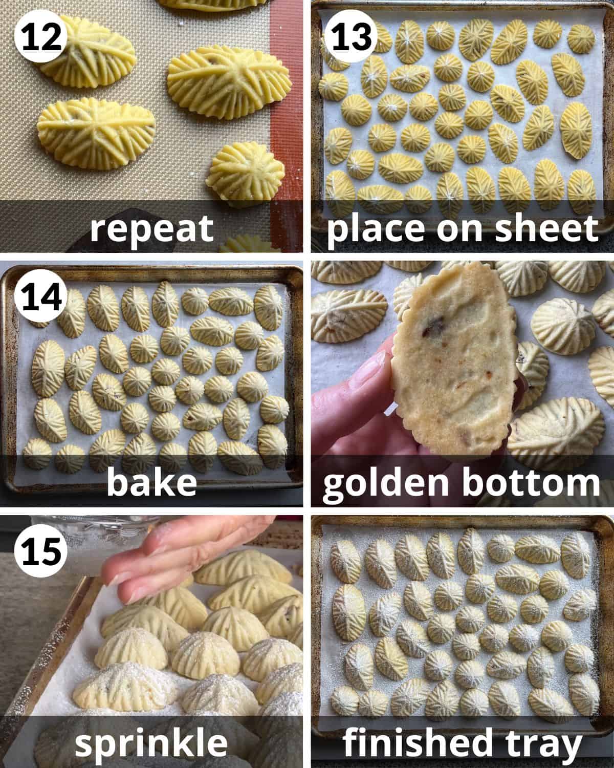 A 6 photo collage showing the final assembly of maamoul cookies. 