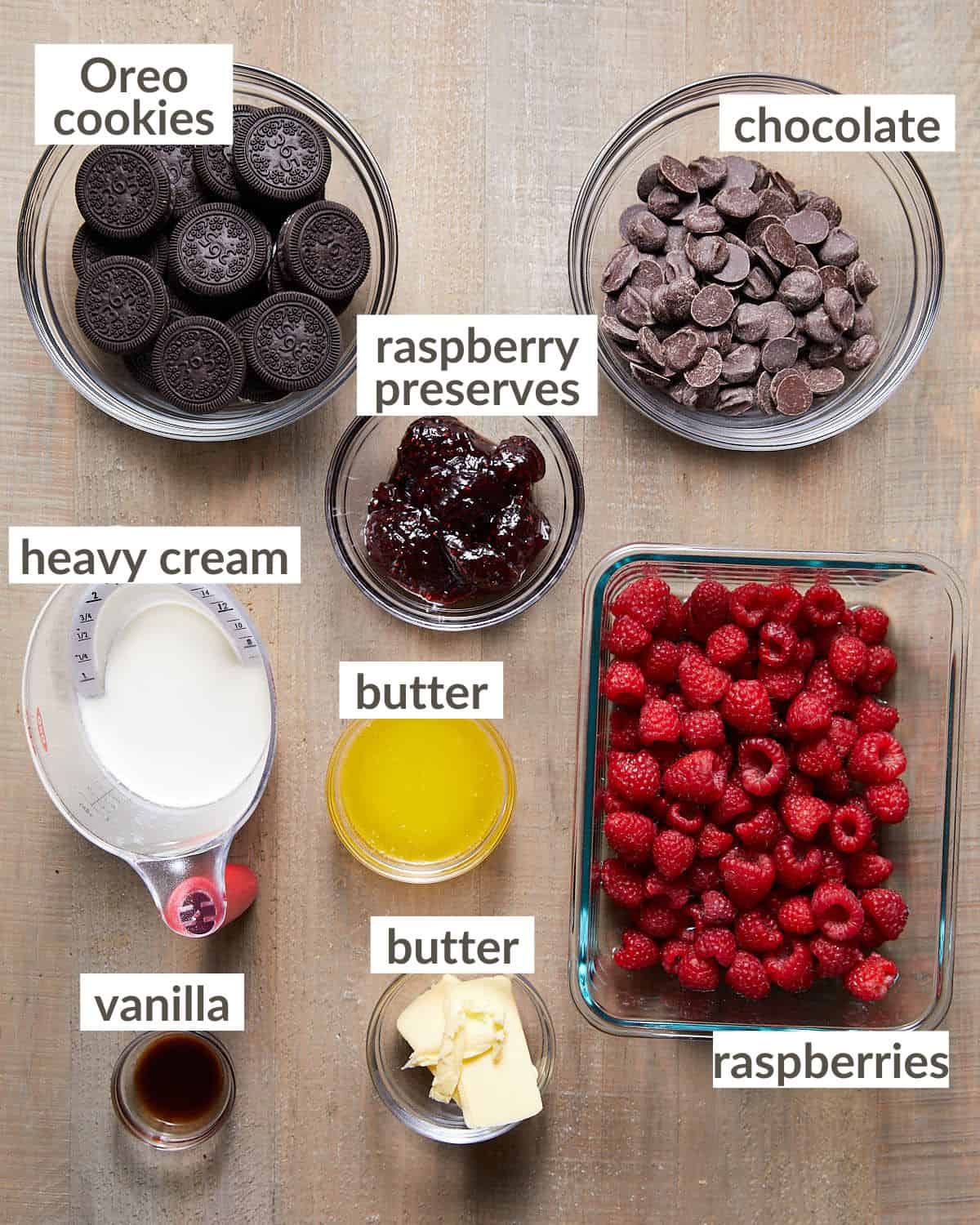 Overhead image of raspberry chocolate tart ingredients. 