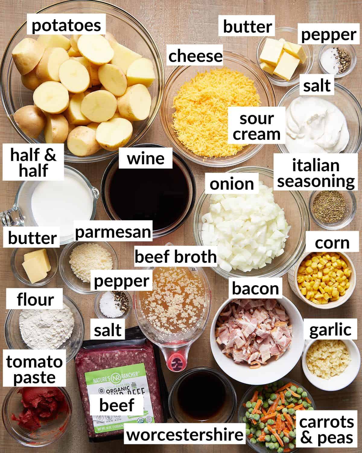 An overhead image of ingredients needed for dutch oven shepherds pie. 