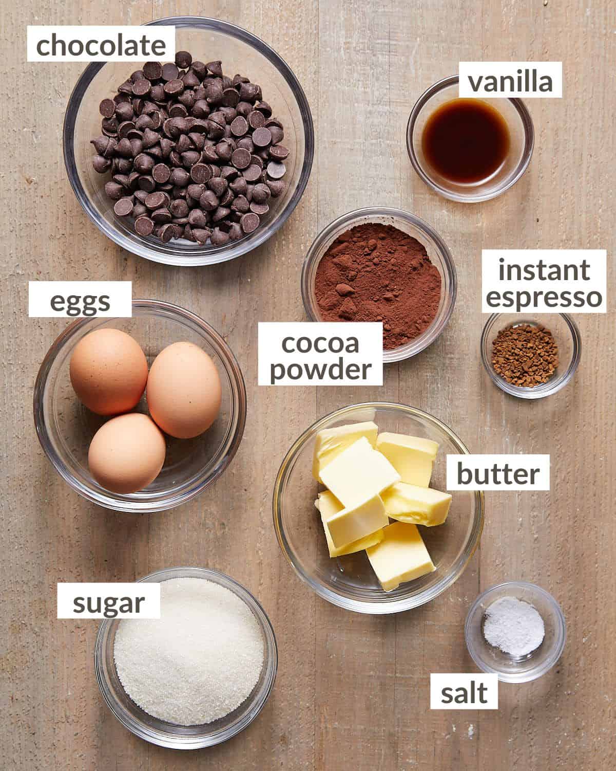 Overhead image of ingredients needed to make mini flourless chocolate cakes. 
