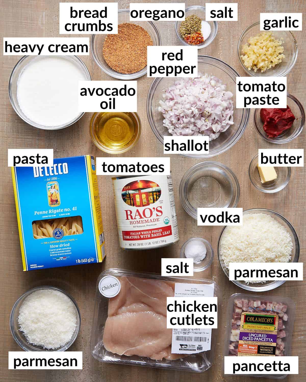 Overhead image of ingredients needed for chicken penne alla vodka.