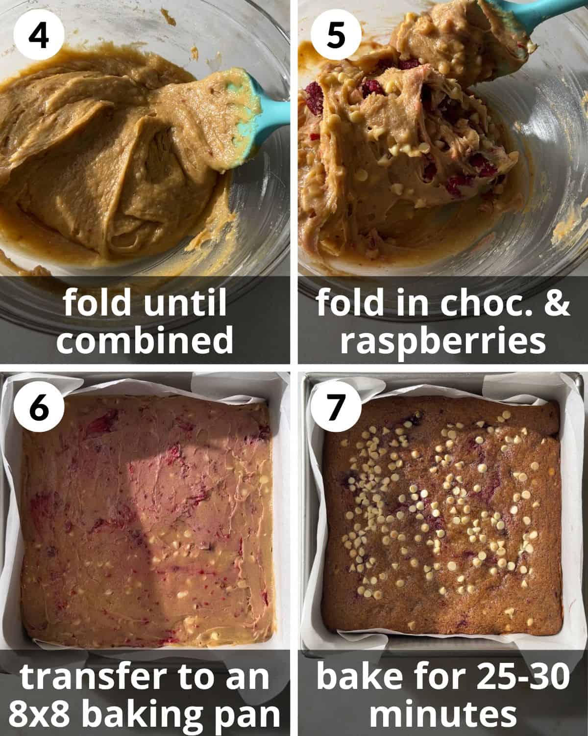 A 4 photo collage showing the final assembly of white chocolate and raspberry blondies.