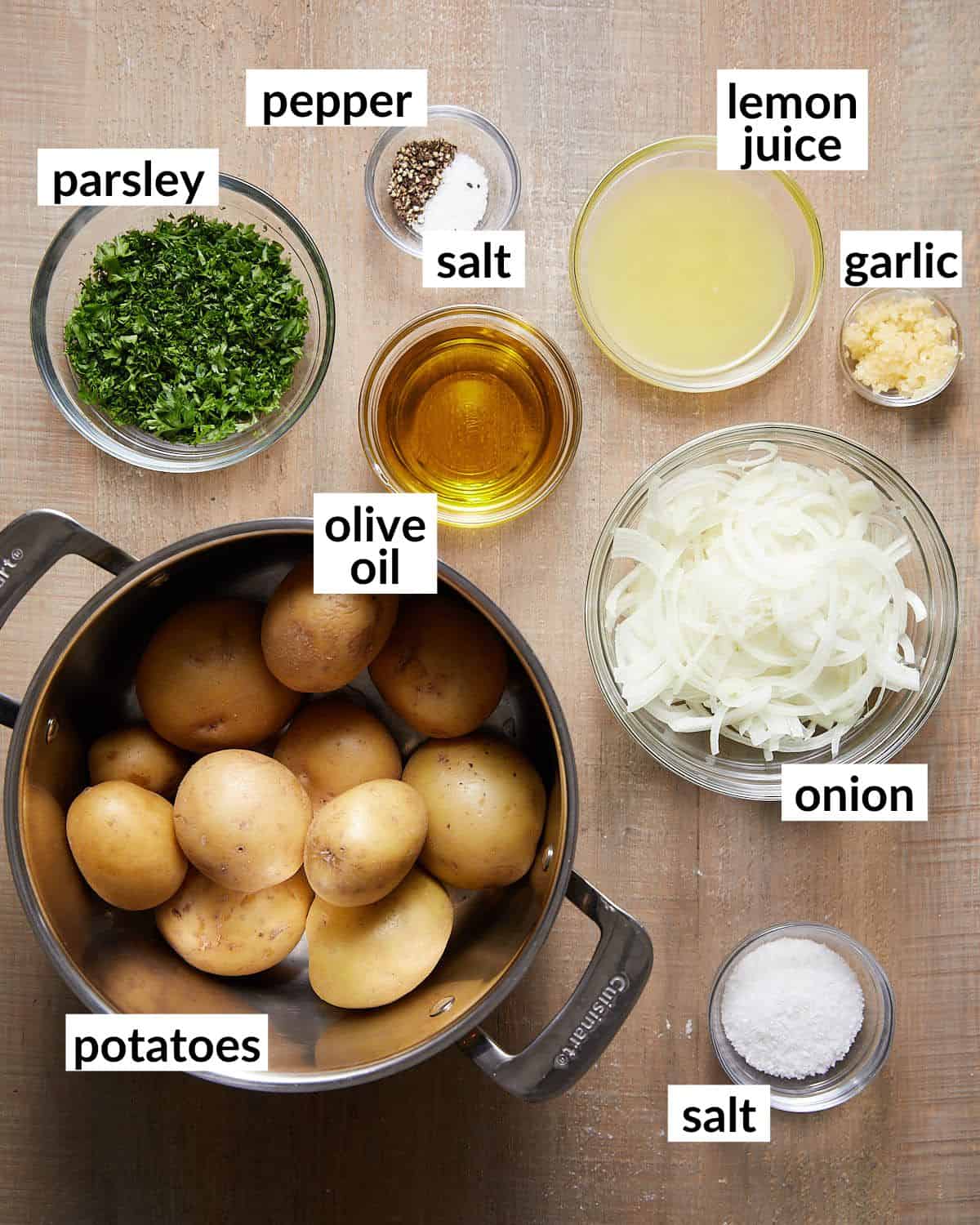 Overhead image of ingredients needed for Lebanese potato salad. 