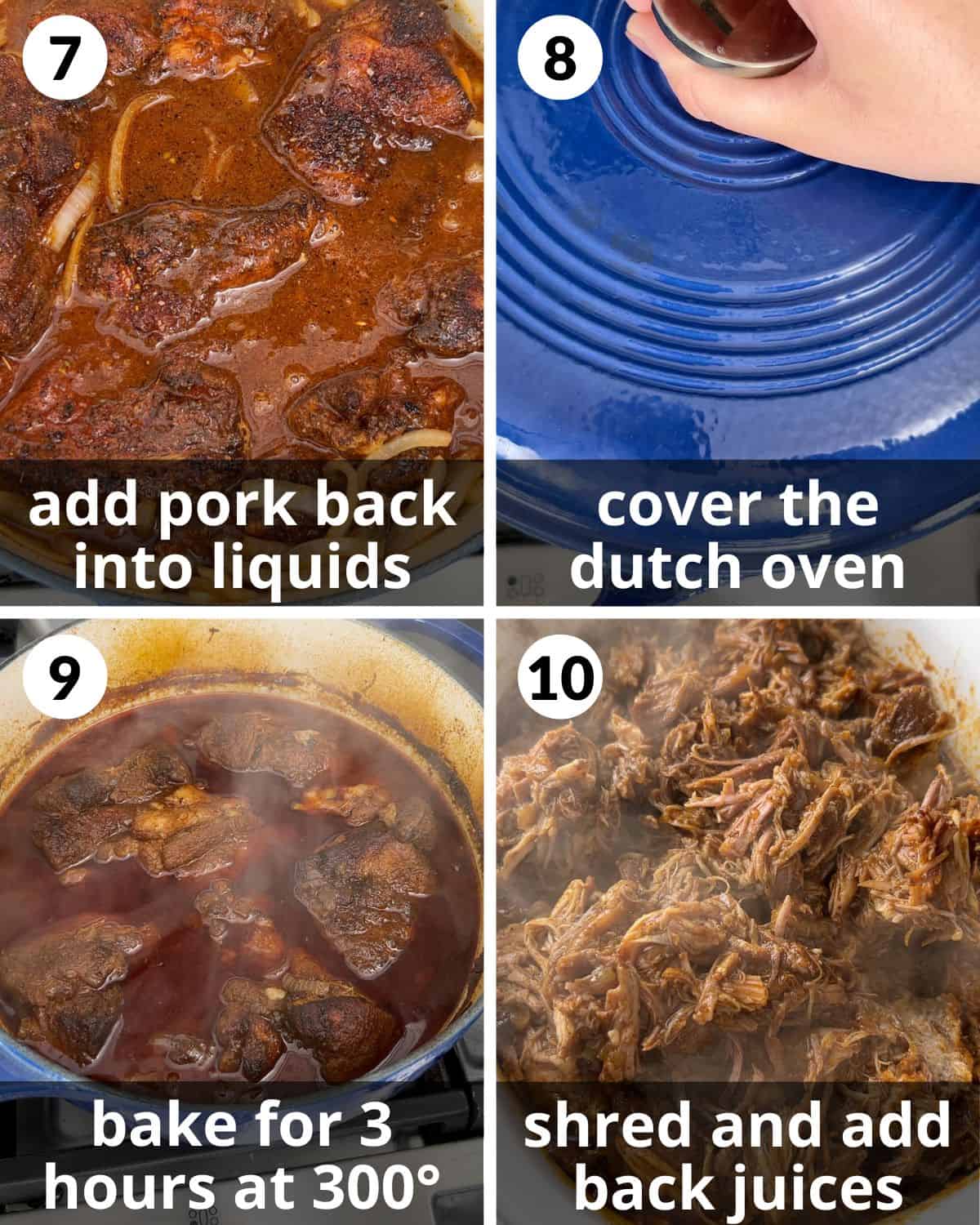 A 4 photo collage showing the final assembly of dutch oven pulled pork. 