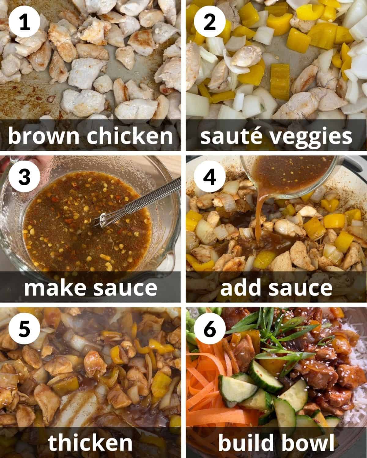 A 6 photo collage showing the assembly of teriyaki chicken bowl. 
