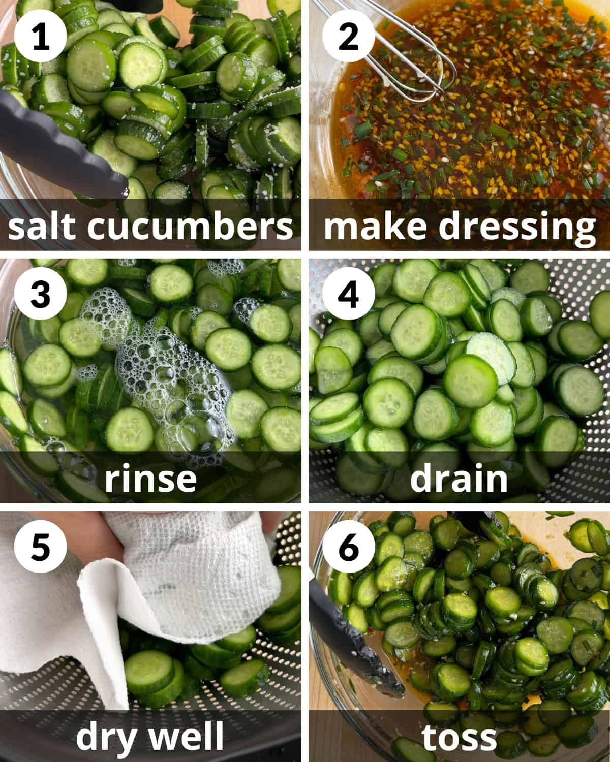 A 6 photo collage of spicy cucumber salad.