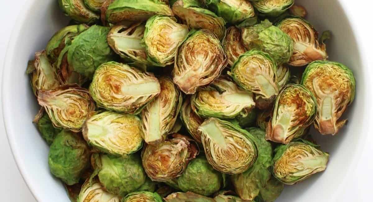 Overhead image of air fryer brussels sprouts.