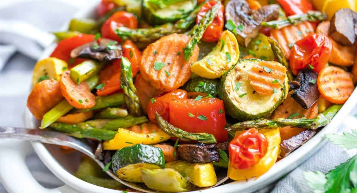 Up close image of oven roasted vegetable medley. 