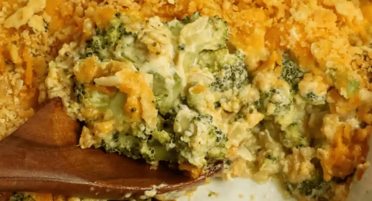 Photo of broccoli cheese casserole.