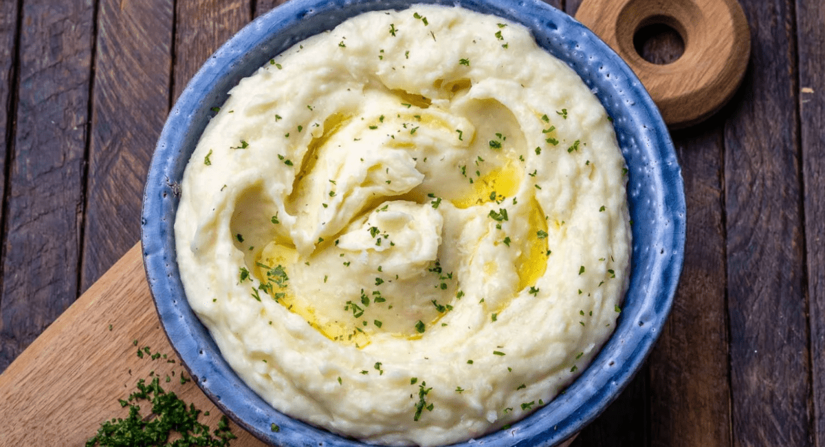 Overhead image of creamy mashed potatoes.