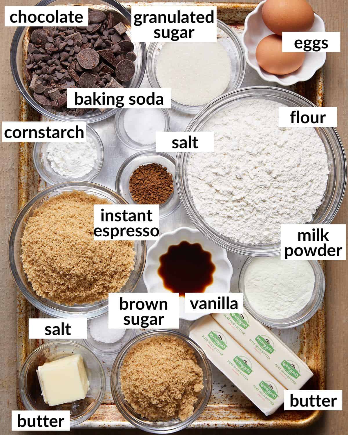 Overhead image of ingredients needed for salted toffee chocolate chip cookies.