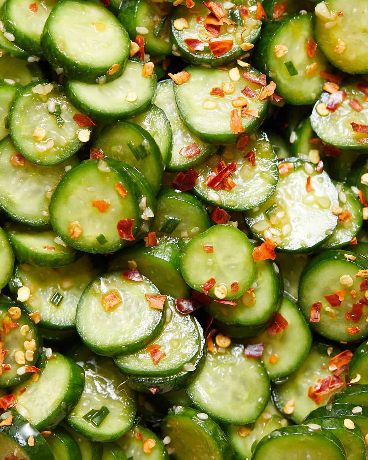 Up close image of spicy cucumber salad. 