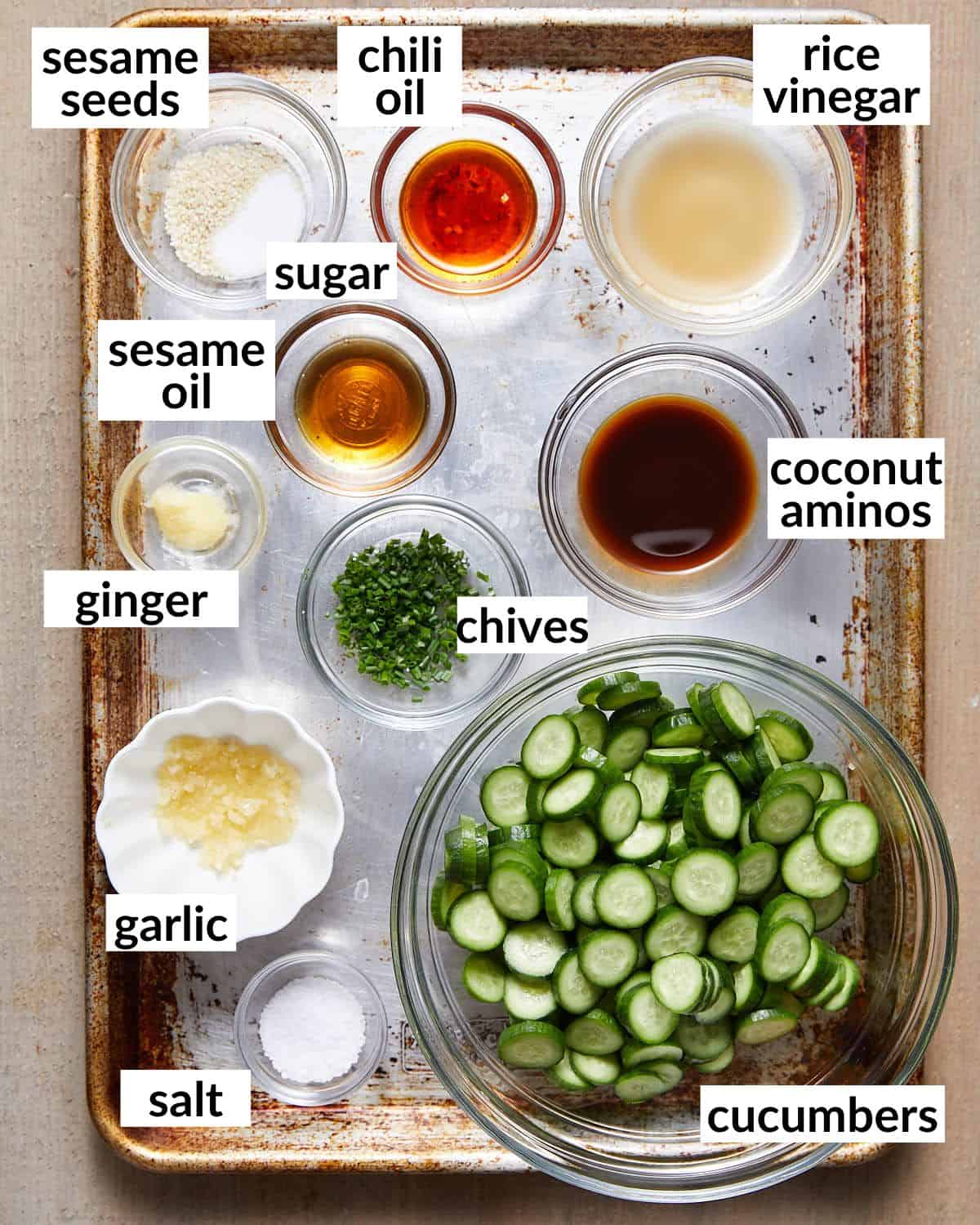 Overhead image of ingredients needed for spicy cucumber salad. 
