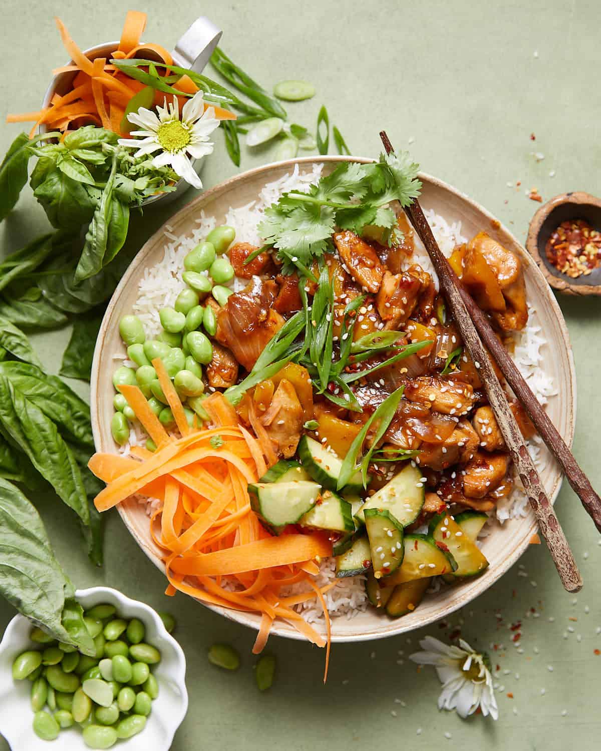 Overhead image of teriyaki chicken bowl with garnish. 