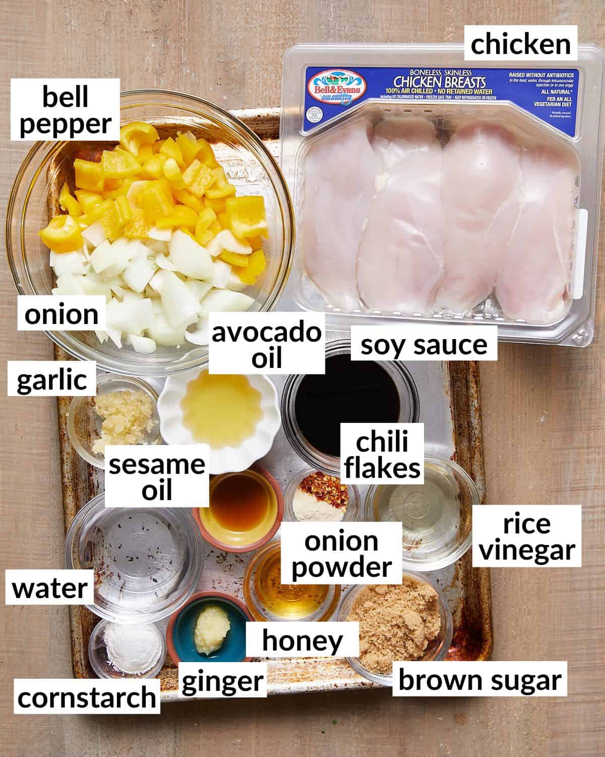 Overhead image of ingredients needed for teriyaki chicken bowls. 