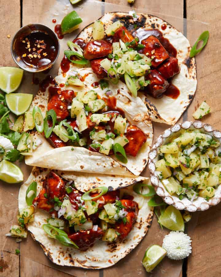 Hawaiian Chicken Tacos with Pineapple Salsa Bites with Bri