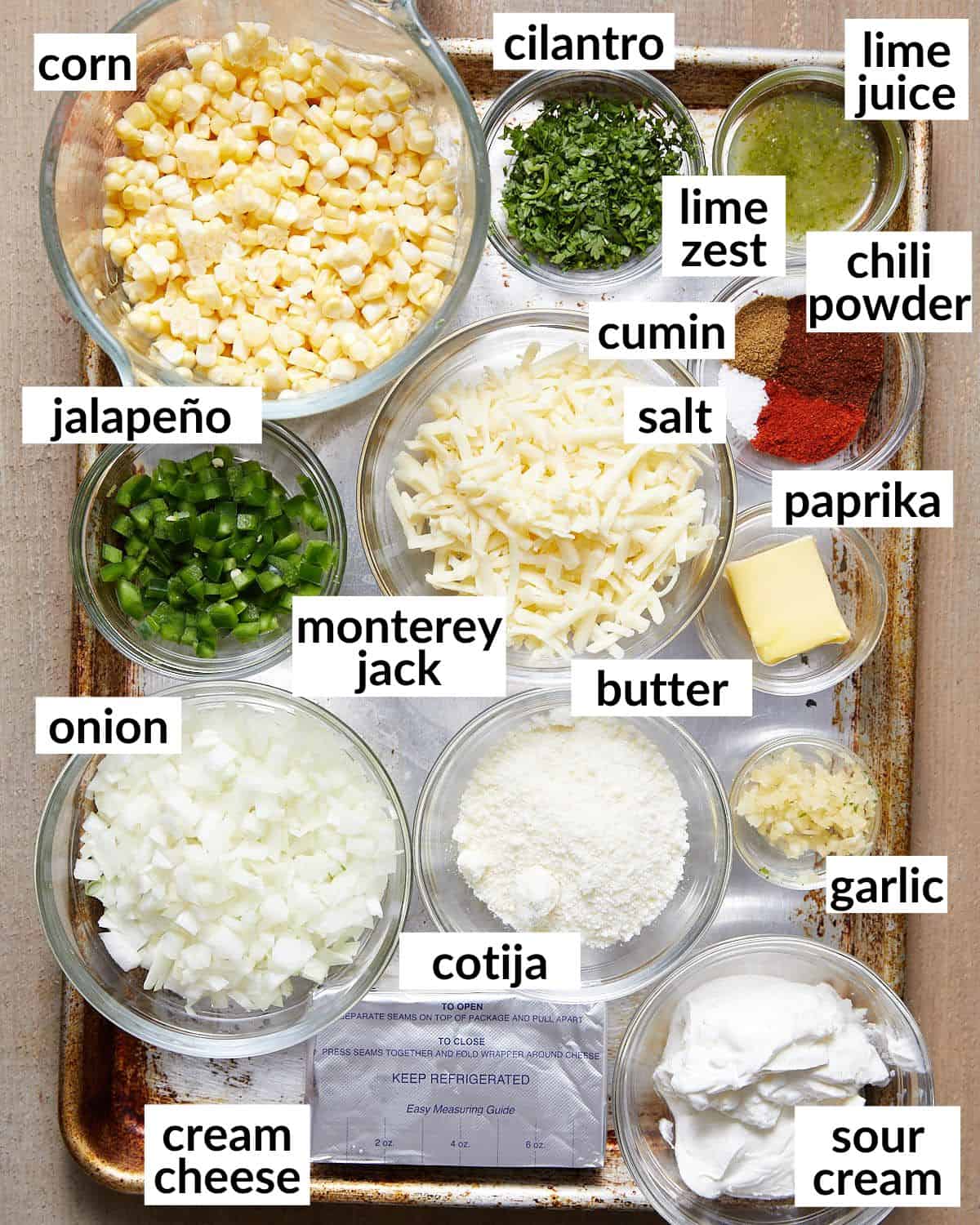 Overhead image of ingredients needed for elote dip.