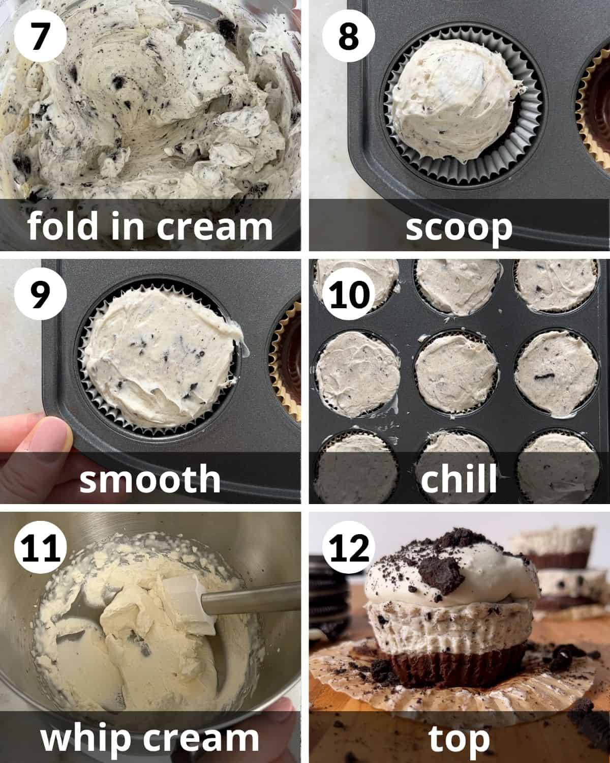 A 6 photo collage showing the final assembly of no bake mini oreo cheesecakes.