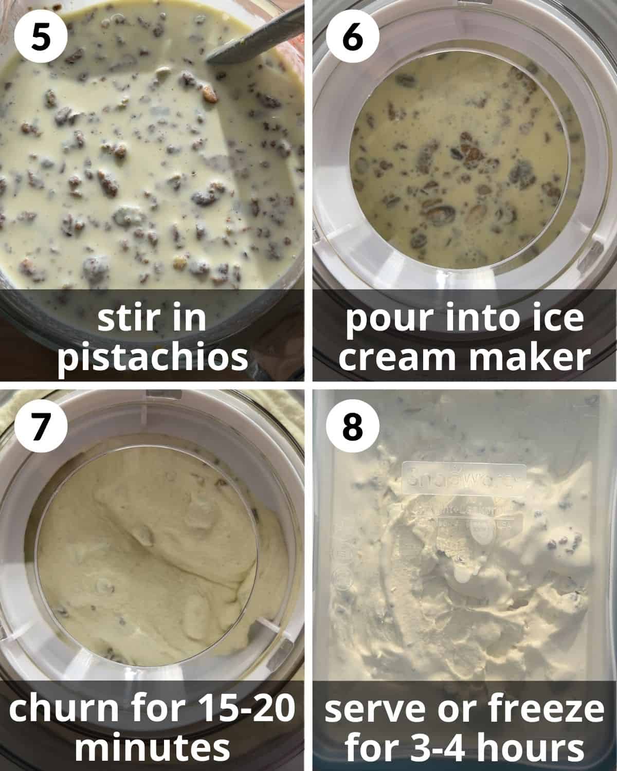 A 4 photo collage showing the final assembly of pistachio ice cream.