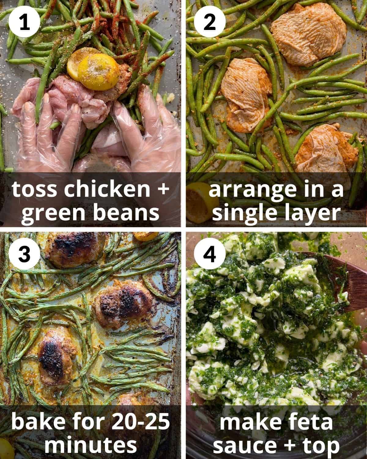 A 4 photo collage showing the assembly of sheet pan chicken and green beans.