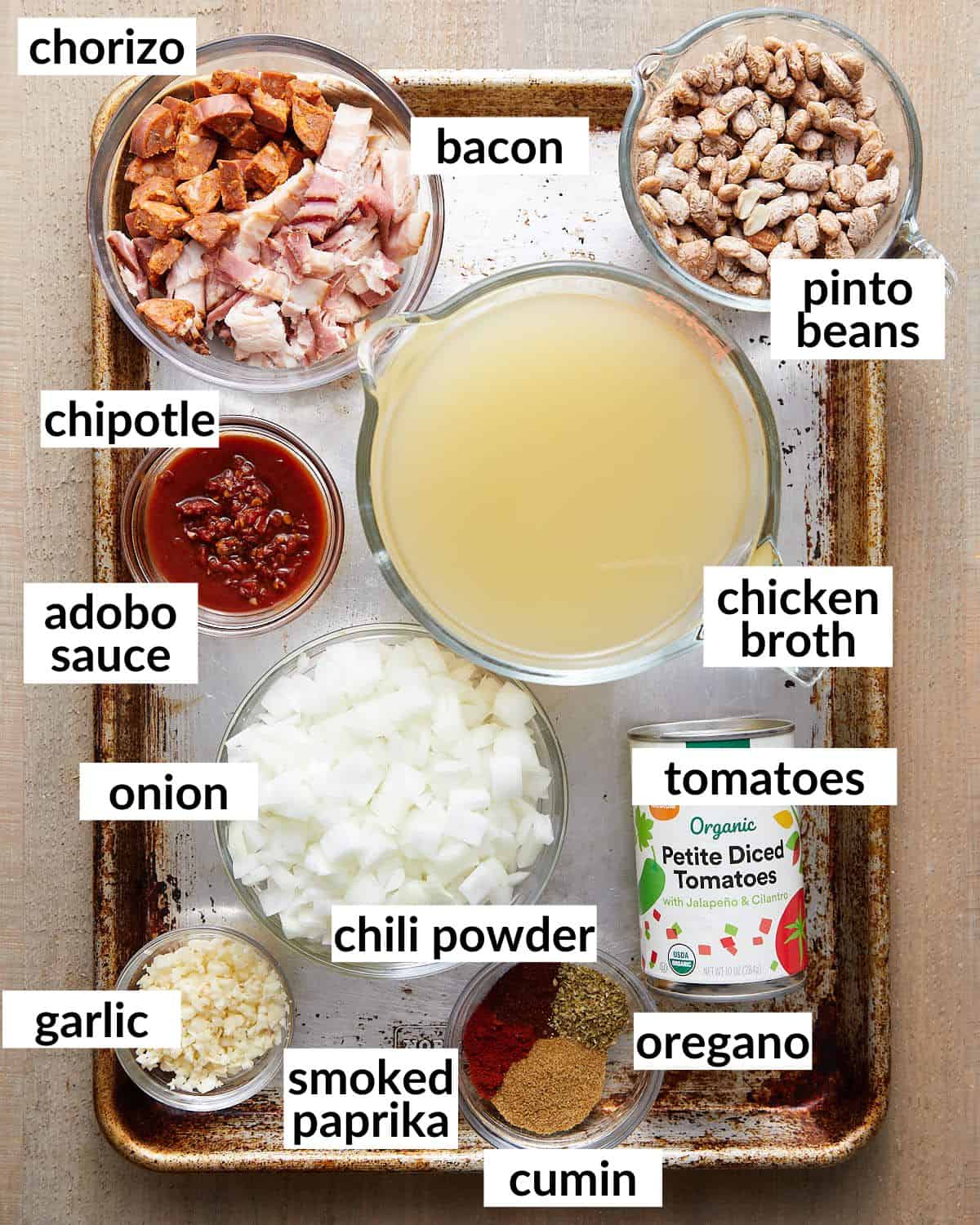 Overhead image of ingredients needed to make instant pot charro beans.