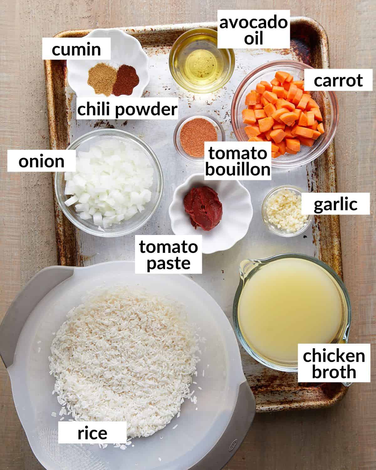 Overhead image of ingredients needed for Mexican red rice.