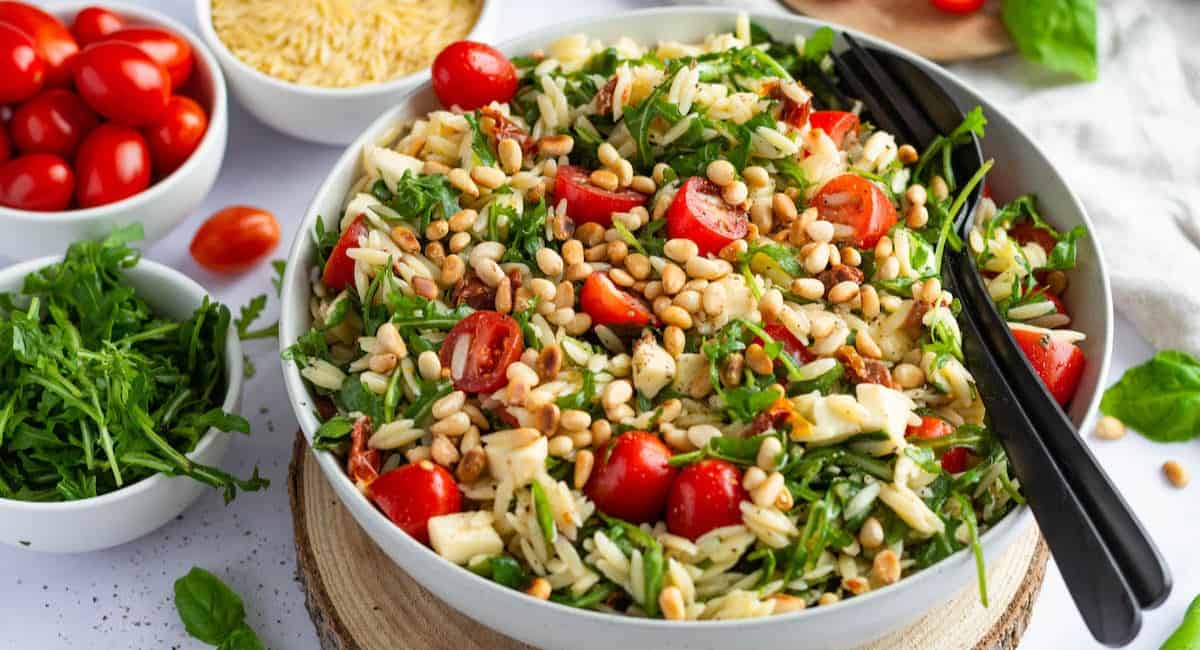 Overhead image of risoni salad.