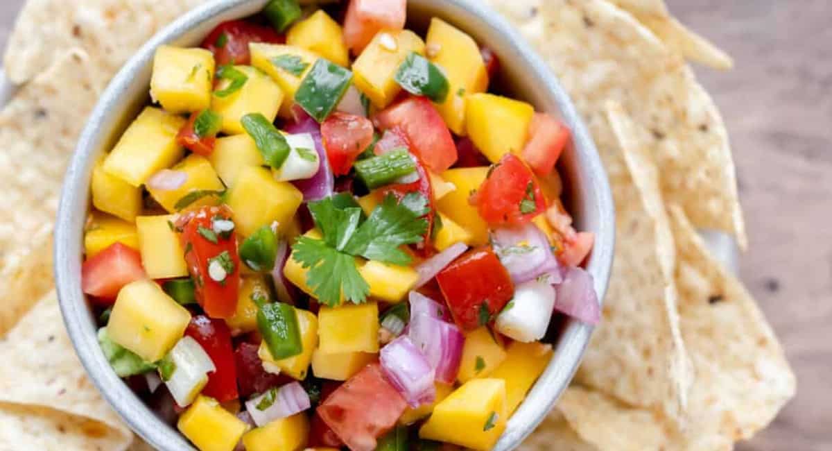 Overhead image of mango pico de gallo.