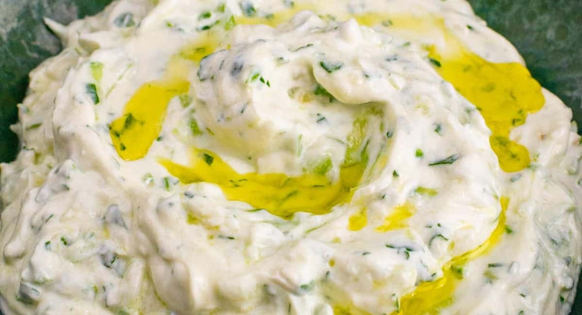 Up close image of tzatziki sauce.