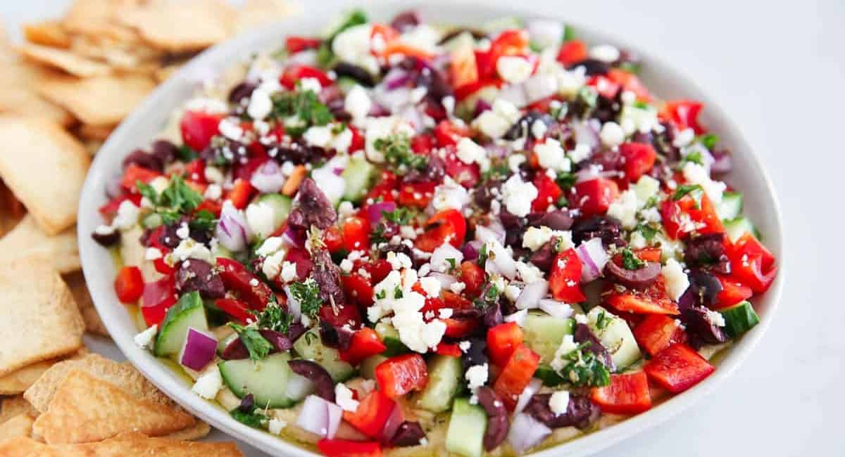 Overhead image of 5 layer greek dip.