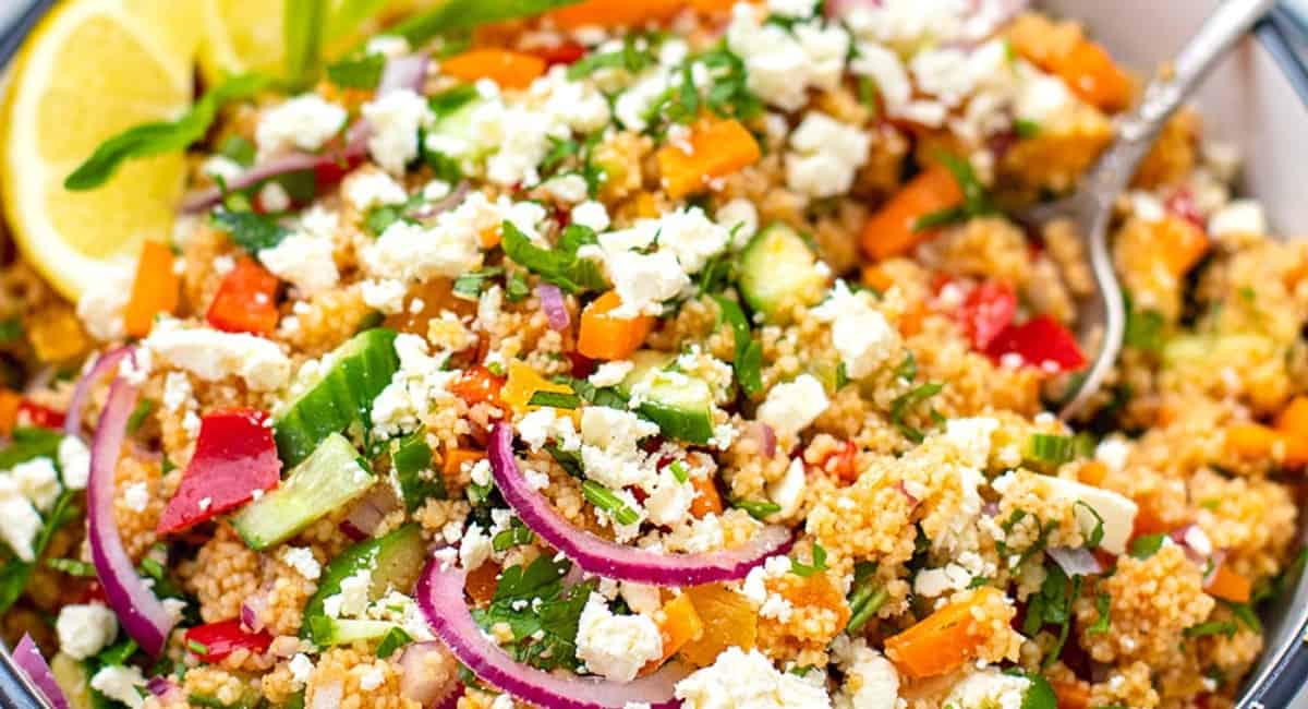 Up close image of couscous salad.