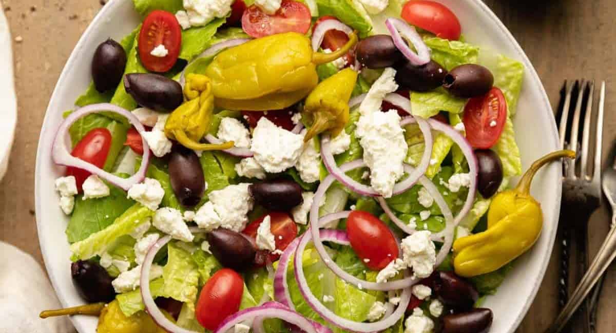 Overhead image of greek salad.
