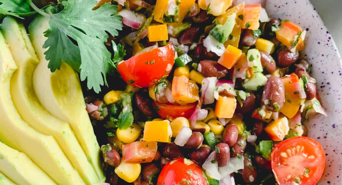 Overhead image of fiesta salad with garnish.