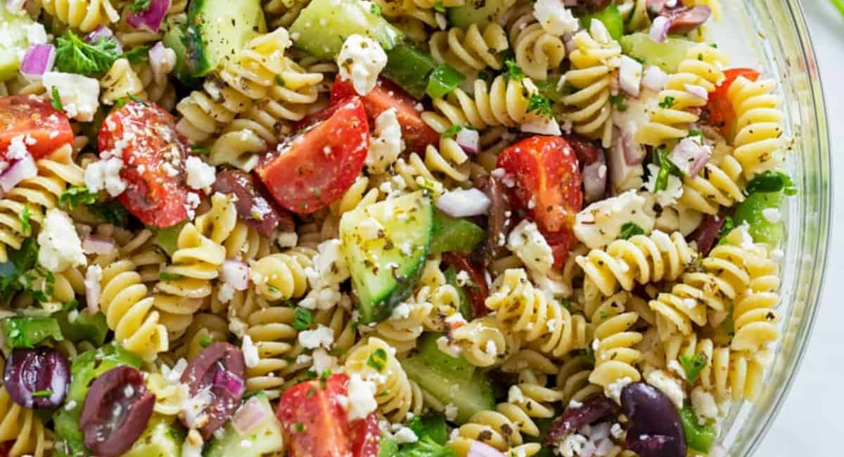 Overhead image of greek pasta salad.